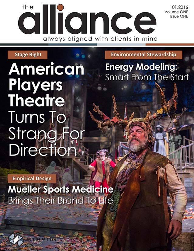 A cover of the Alliance, with an image of American Players Theatre on it