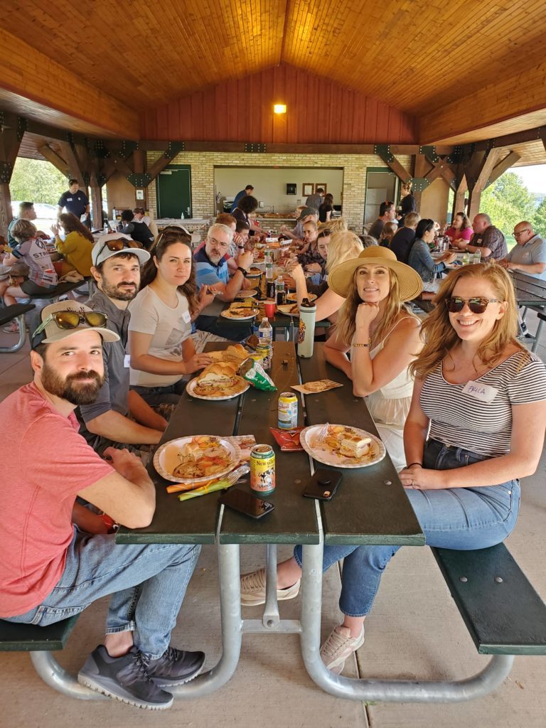 Happy people eating outside