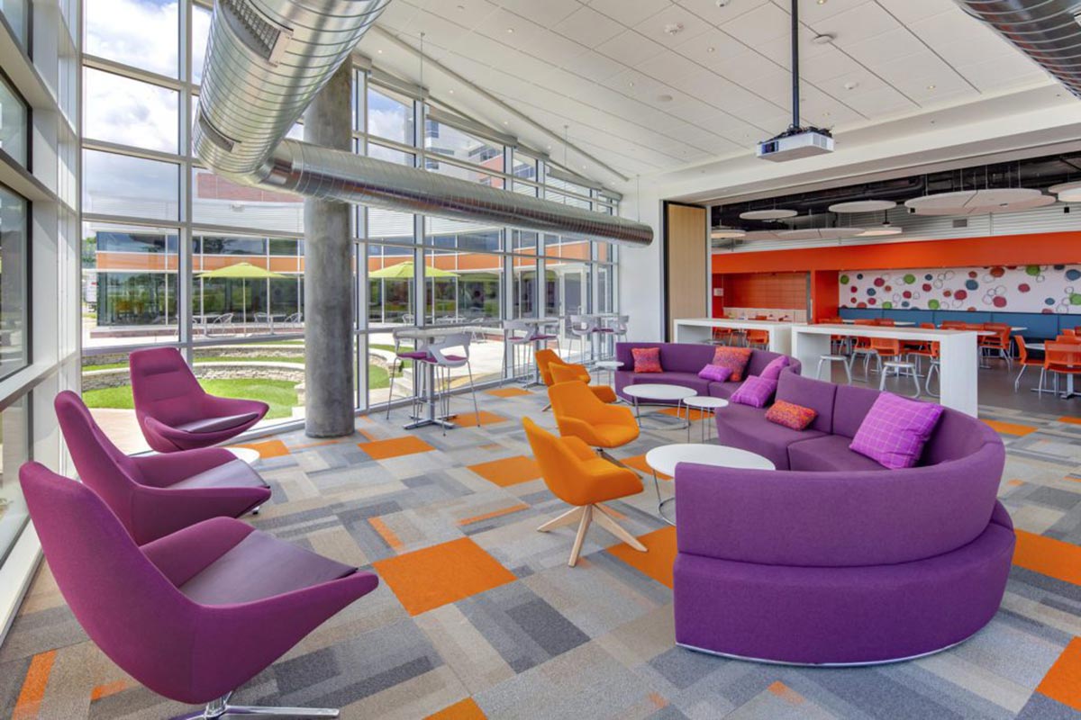 Purple and orange colored office space