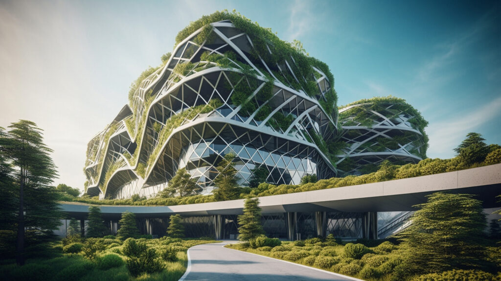 Architecture, sustainability and sci fi with buildings in city for construction, environment and futuristic. Ai generated, glass and eco friendly with town for carbon footprint, ecology and plant.