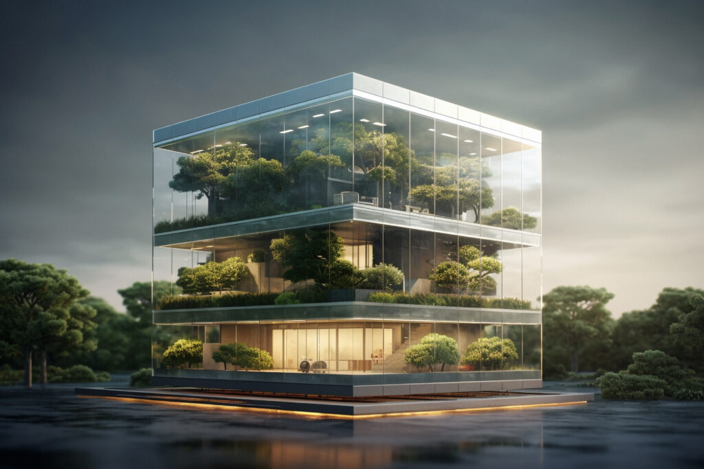 Architecture, environment and tree with buildings in city for carbon footprint, eco friendly and futuristic. Ai generated, glass and construction with house for green, ecology and sustainability.